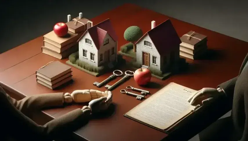 Mesa de madera oscura con llaves antiguas, maqueta de casa con techo rojo, manos estrechándose y una manzana con una naranja, simbolizando temas de contratos y acuerdos.