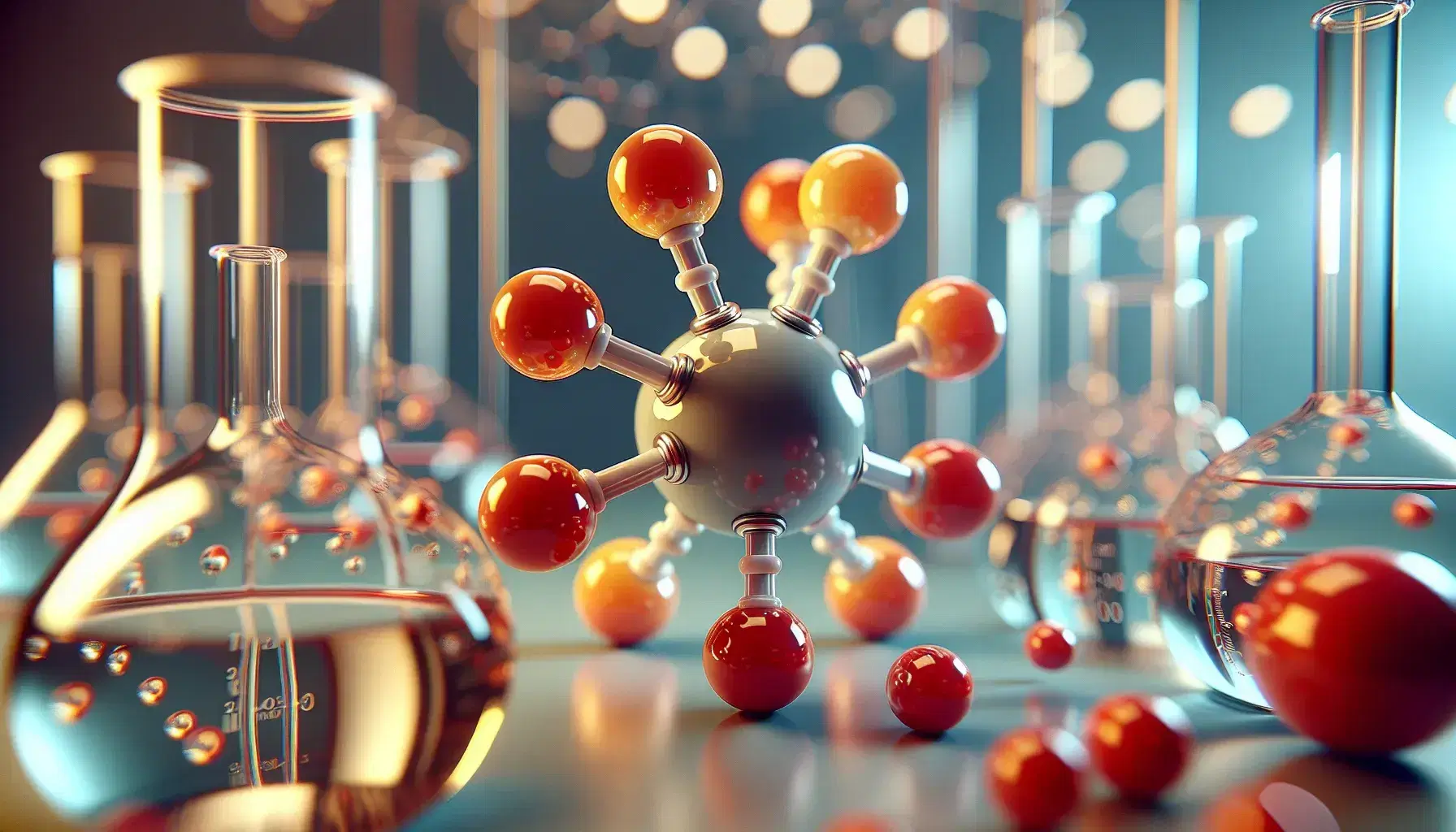 Molecular model of a phosphate group with orange phosphorus atom and four red oxygen atoms in a blue blurred laboratory.