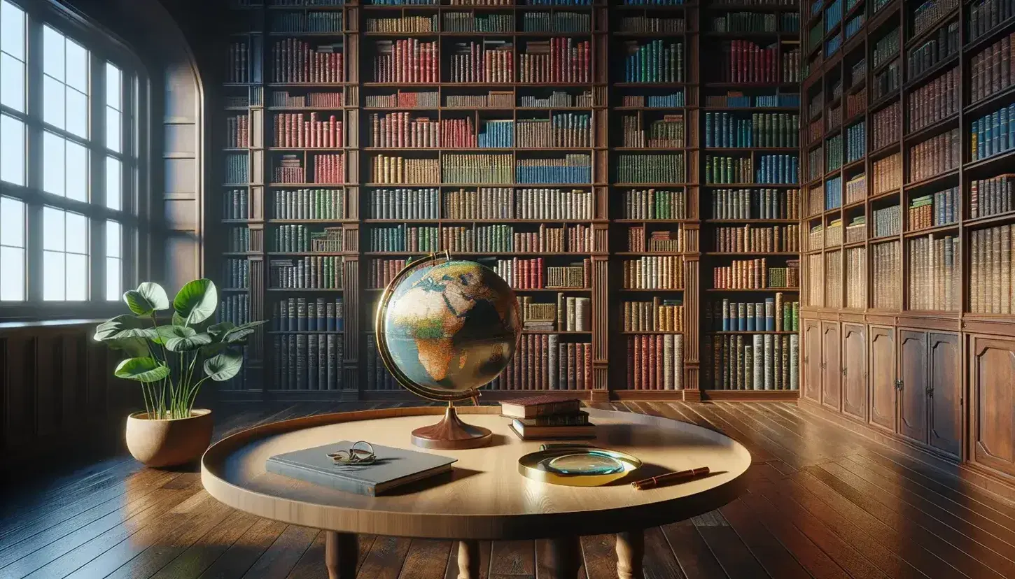 Biblioteca acogedora con estantes de madera oscura llenos de libros coloridos, mesa con globo terráqueo y lupa, y planta junto a la ventana iluminada.
