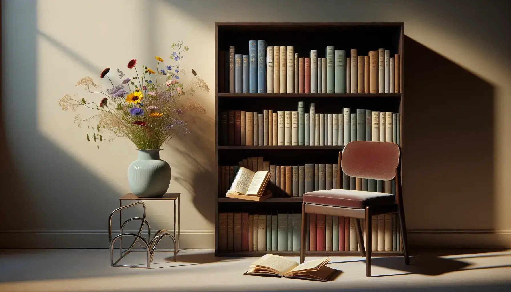Estantería de madera oscura con libros de tapa dura en tonos pastel, silla con cojín rojo y libro abierto, jarrón con flores silvestres y escultura abstracta de metal.