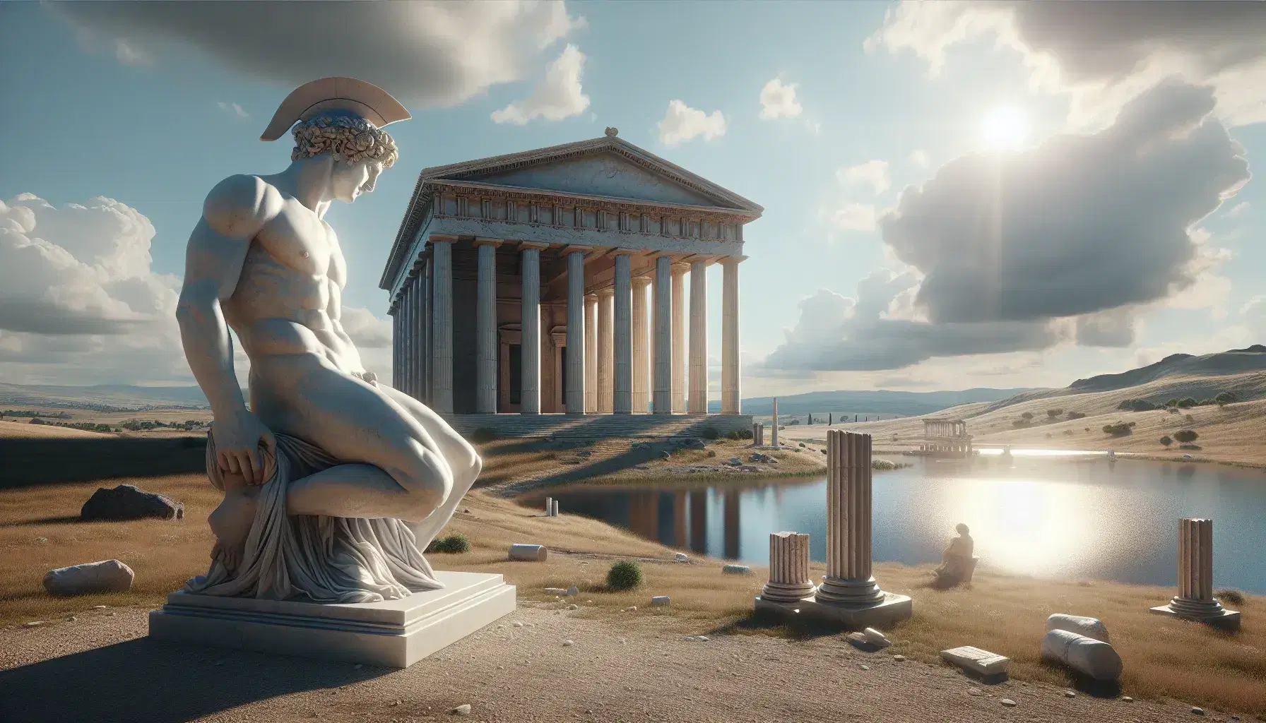 Riproduzione del Tempio dei Dioscuri con colonne d'oro e pedimento triangolare, statua marmorea di un Dioscuro e rovine sullo sfondo.