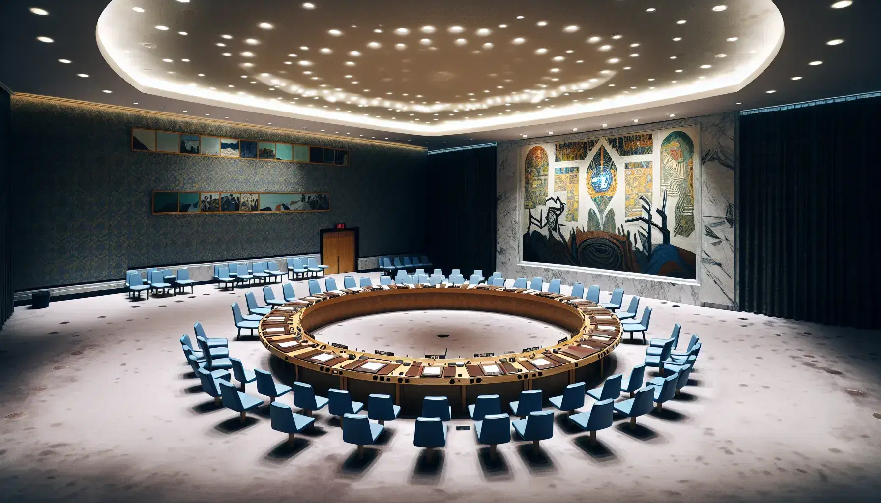 Sala vuota del Consiglio di Sicurezza delle Nazioni Unite con tavolo ovale, sedie blu, microfoni e quadri astratti, attesa di una riunione.