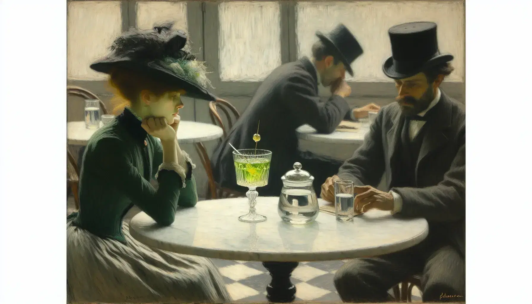 Ricostruzione fedele del dipinto 'L'assenzio' di Edgar Degas con due figure sedute in un caffè, una donna con un bicchiere di assenzio e un uomo in abiti scuri.