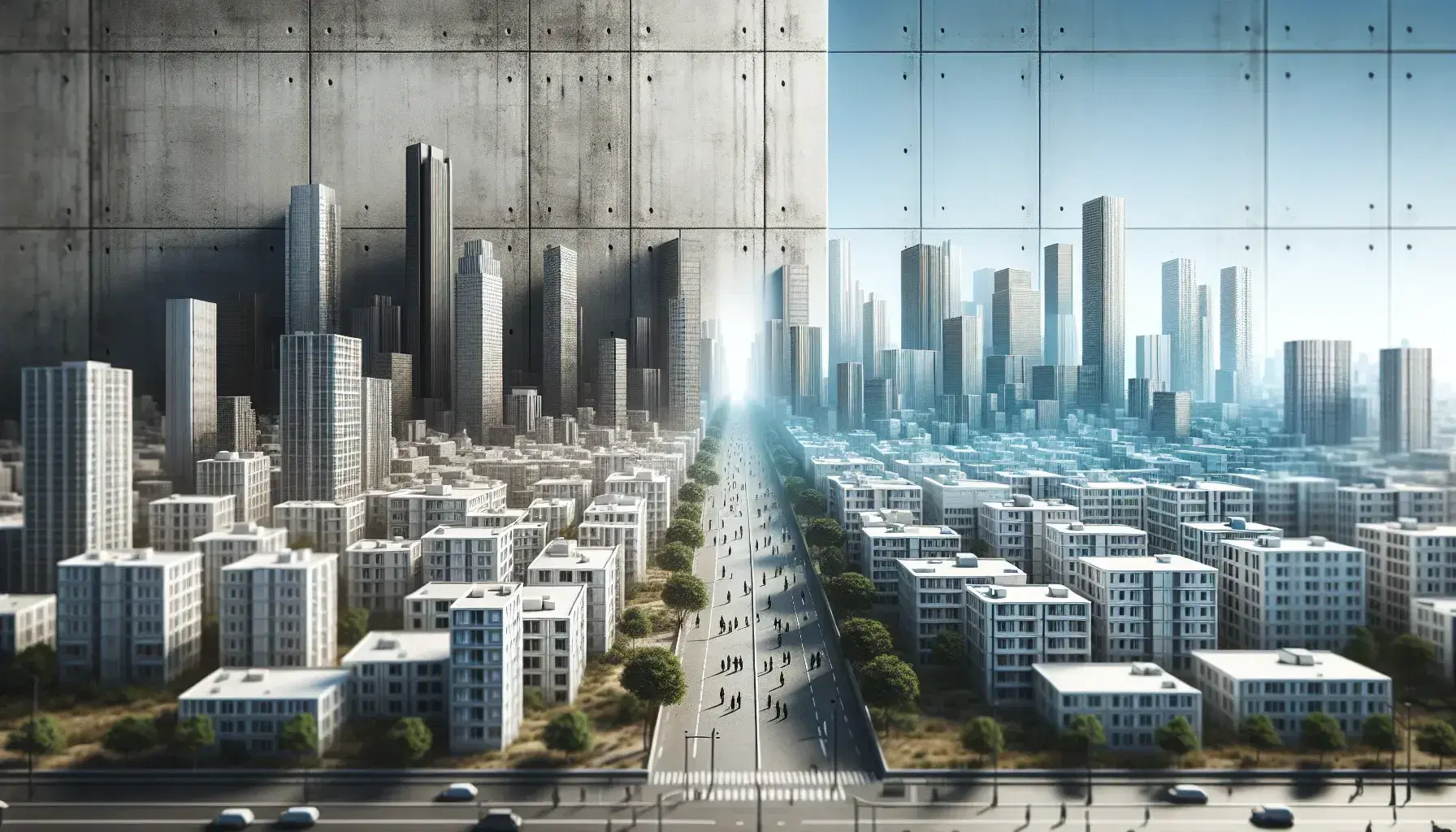 Concrete wall dividing a vibrant cityscape with modern skyscrapers from a bleak row of uniform apartment buildings under an overcast sky.