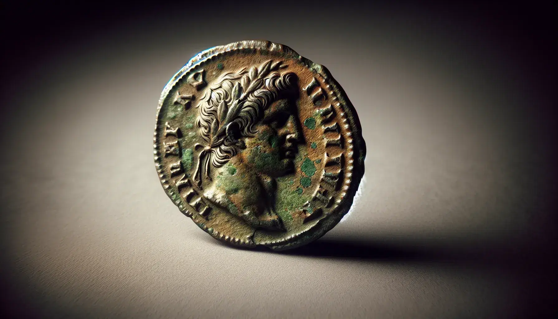 Moneta romana antica ossidata con profilo imperiale e tracce di corona d'alloro, su superficie neutra.