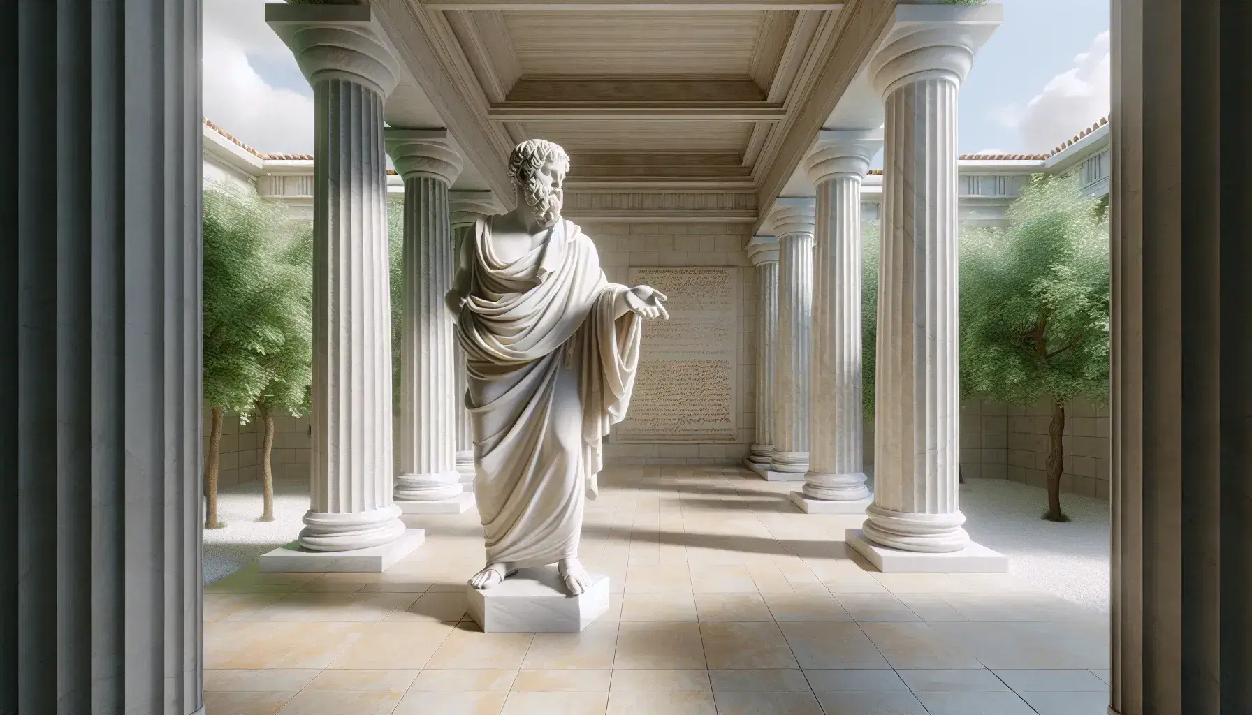 Escultura de mármol blanco de filósofo griego antiguo con túnica, extendiendo una mano y sosteniendo un rollo, en un patio con columnas dóricas y vegetación.