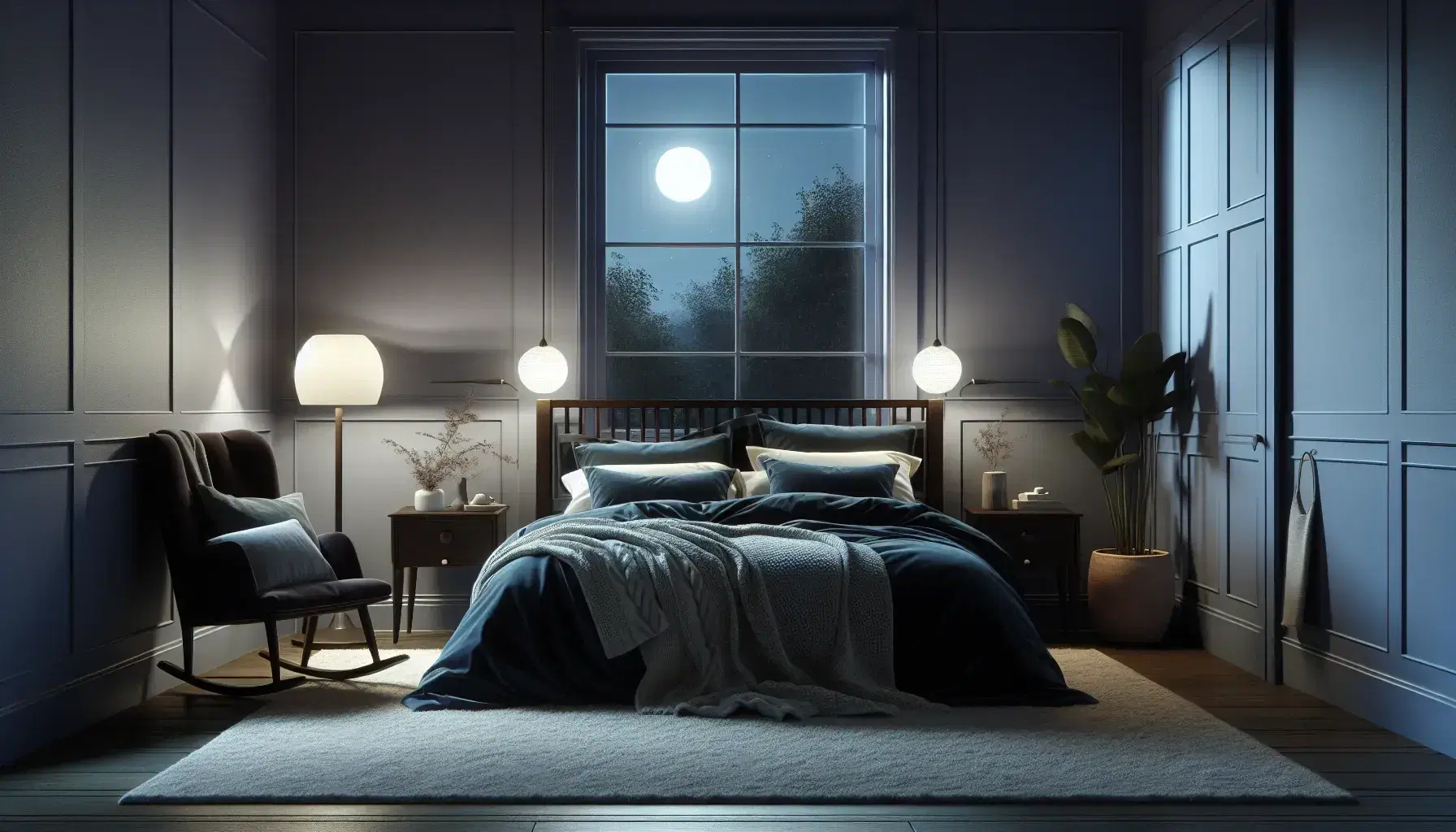 Serene night-time bedroom with plush bed, white pillows, wooden furniture, and moonlight casting soft shadows for a peaceful ambiance.