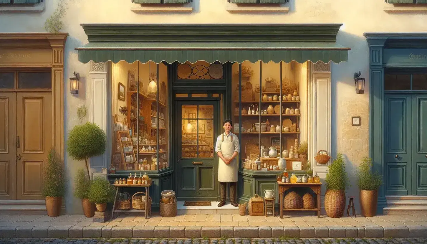 Cozy artisanal shop with display window of pottery and local honey, cream facade, green awning, and welcoming Asian male proprietor.