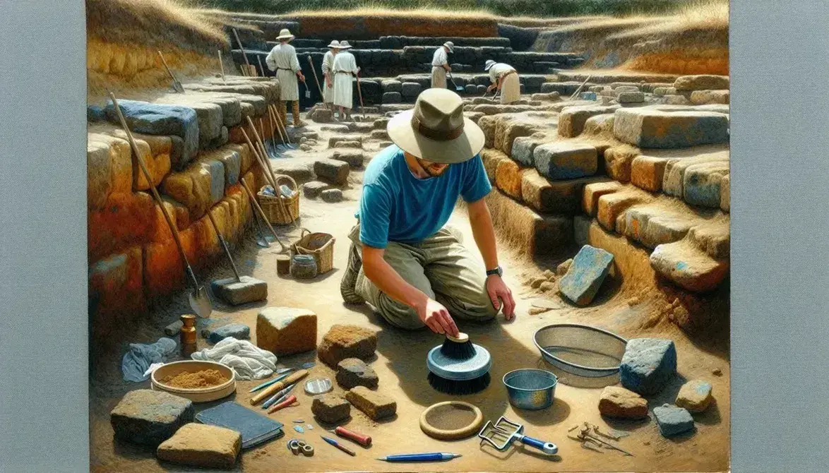 Scavo archeologico con stratificazioni terrene, archeologo al lavoro con pennello, resti di muro antico e strumenti di scavo.