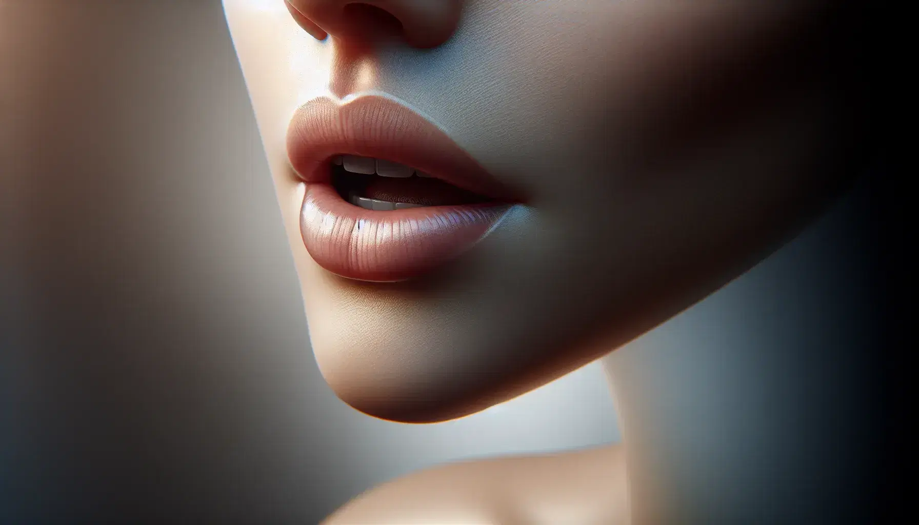 Close-up profile view of a relaxed human mouth slightly open against a gradient blue-gray background, highlighting the natural shape and contours.
