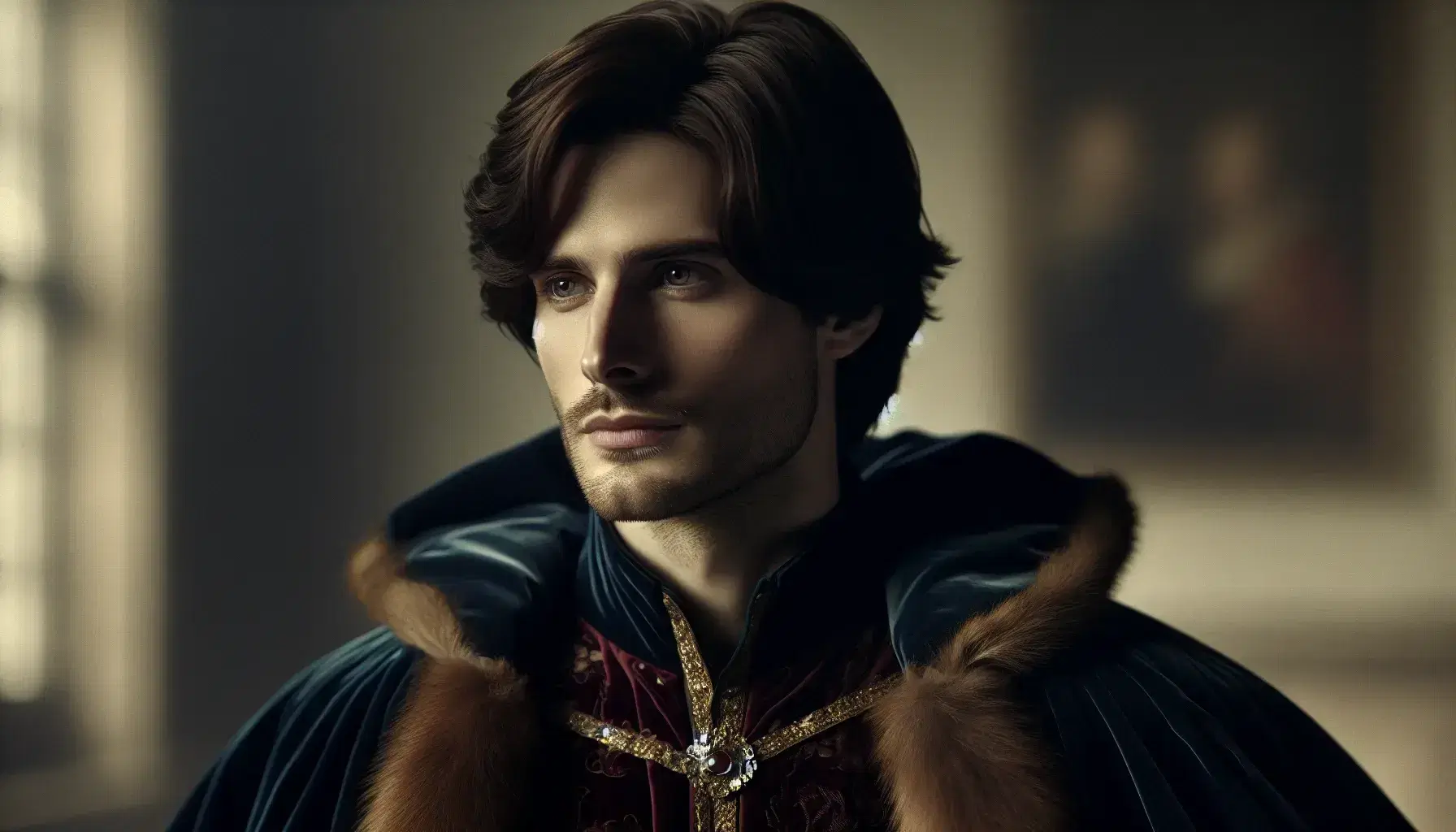 Ritratto di uomo medievale nobile con mantello blu velluto, bordato di pelliccia e tunica rossa con dettagli dorati, sguardo serio e pensieroso.