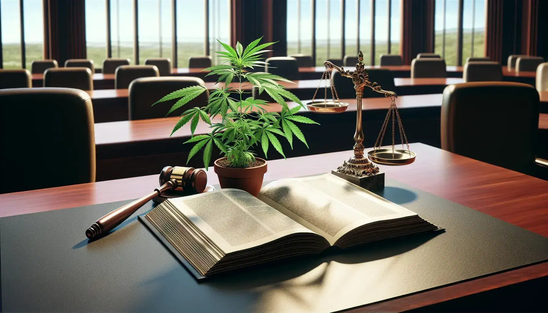Professional desk with an open law book, a healthy potted cannabis plant, and a balanced golden scale of justice, in a room with soft natural light.