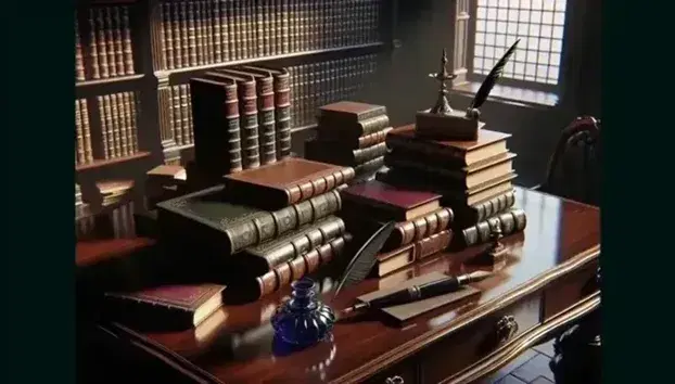 Biblioteca antica con scrivania in legno scuro, libri impilati, penna d'oca e calamaio blu, illuminati da luce naturale.