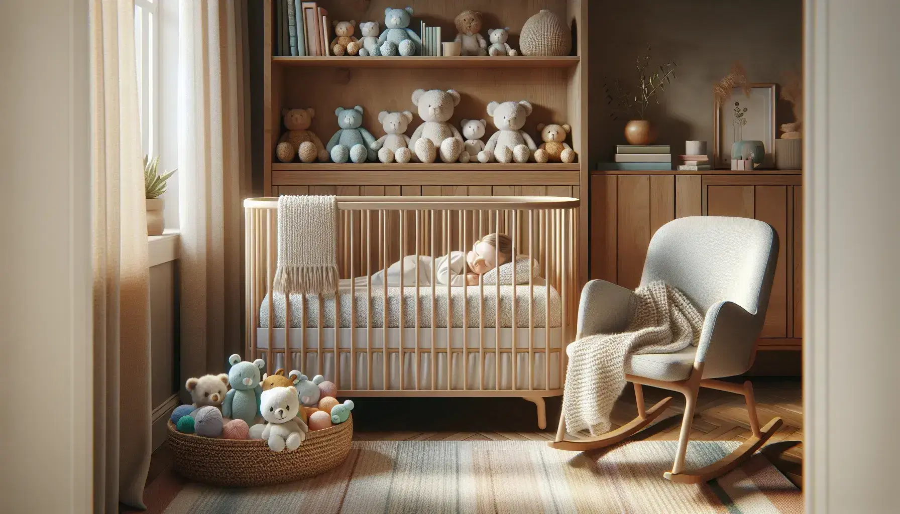 Cozy baby bedroom with light wooden crib, soft toys, gray rocking chair and bookcase with colorful books.