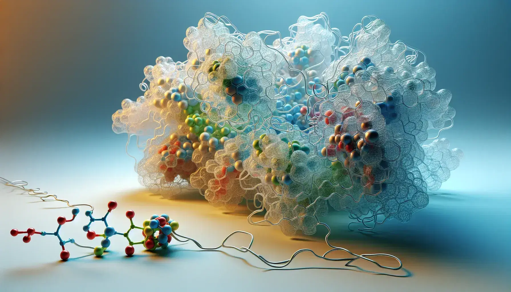 Transparent three-dimensional model of an enzyme with substrate, with colored spheres representing atoms and bonds in a complementary active site.
