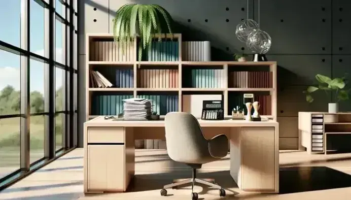 Oficina moderna y luminosa con escritorio de madera, calculadora negra, papeles, sello, silla ergonómica gris y planta interior, estantería con libros y escultura.
