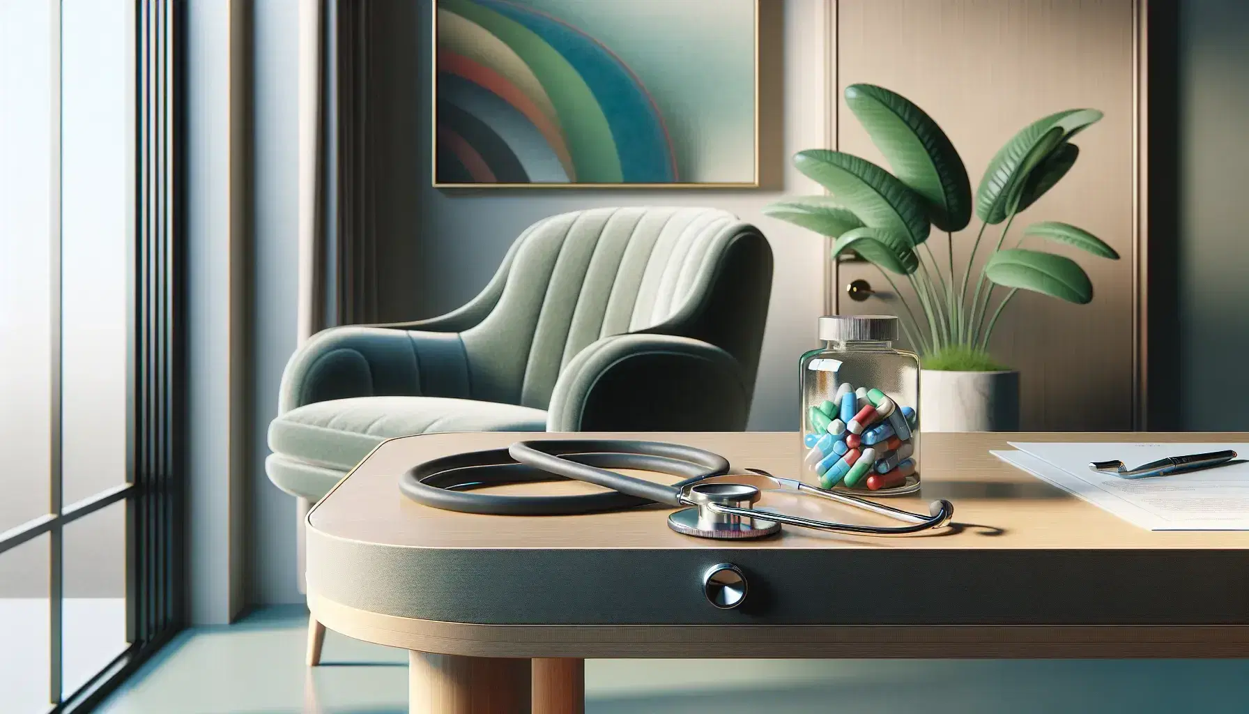 Clinical environment with wooden desk, stethoscope, jar of colorful pills and green plant, background with blue chair and abstract painting.