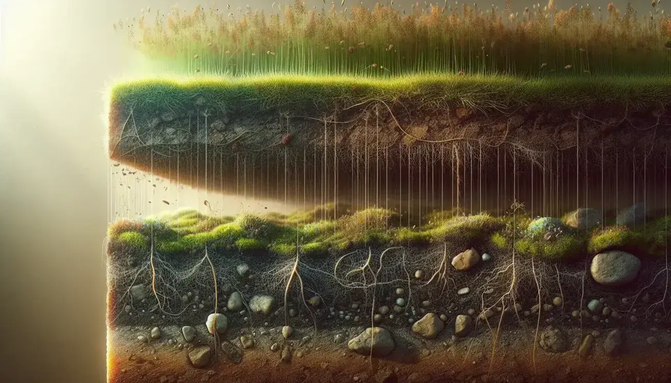 Sección transversal del suelo mostrando capas con raíces, insectos y piedras, bajo una capa de césped verde en un día soleado, destacando la textura y estructura del terreno.