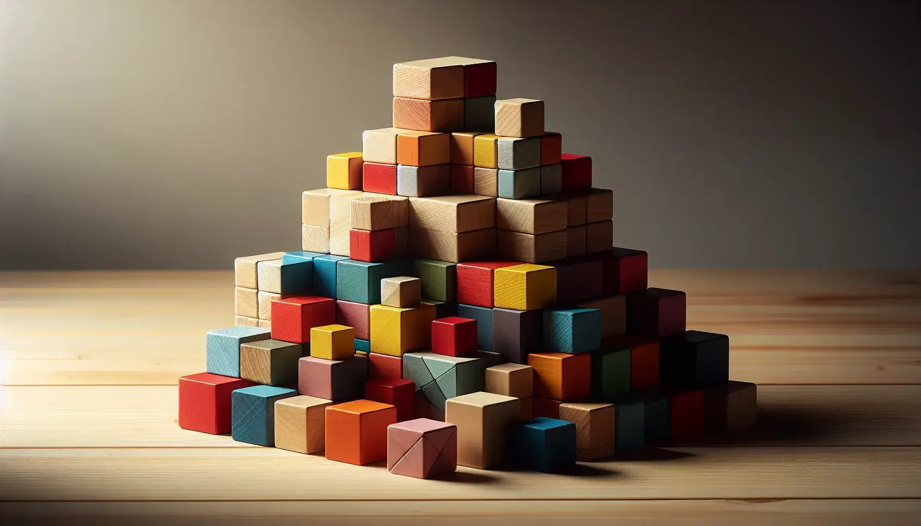 Blocchi di legno colorati impilati in forme geometriche su tavolo chiaro, con ombre morbide e sfondo sfocato.