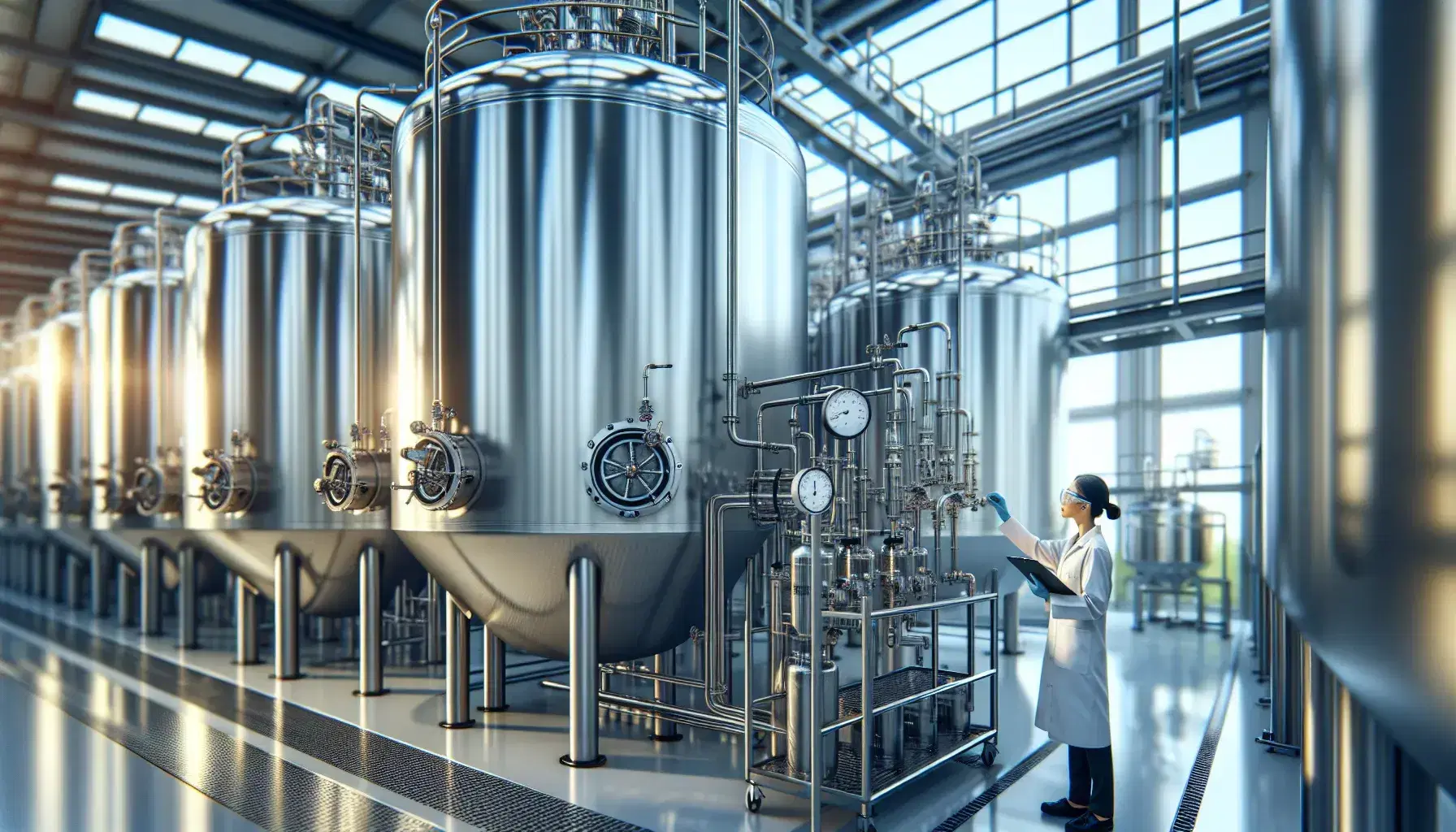 Modern ethanol production plant with steel fermentation tanks and Asian technique controlling the data.