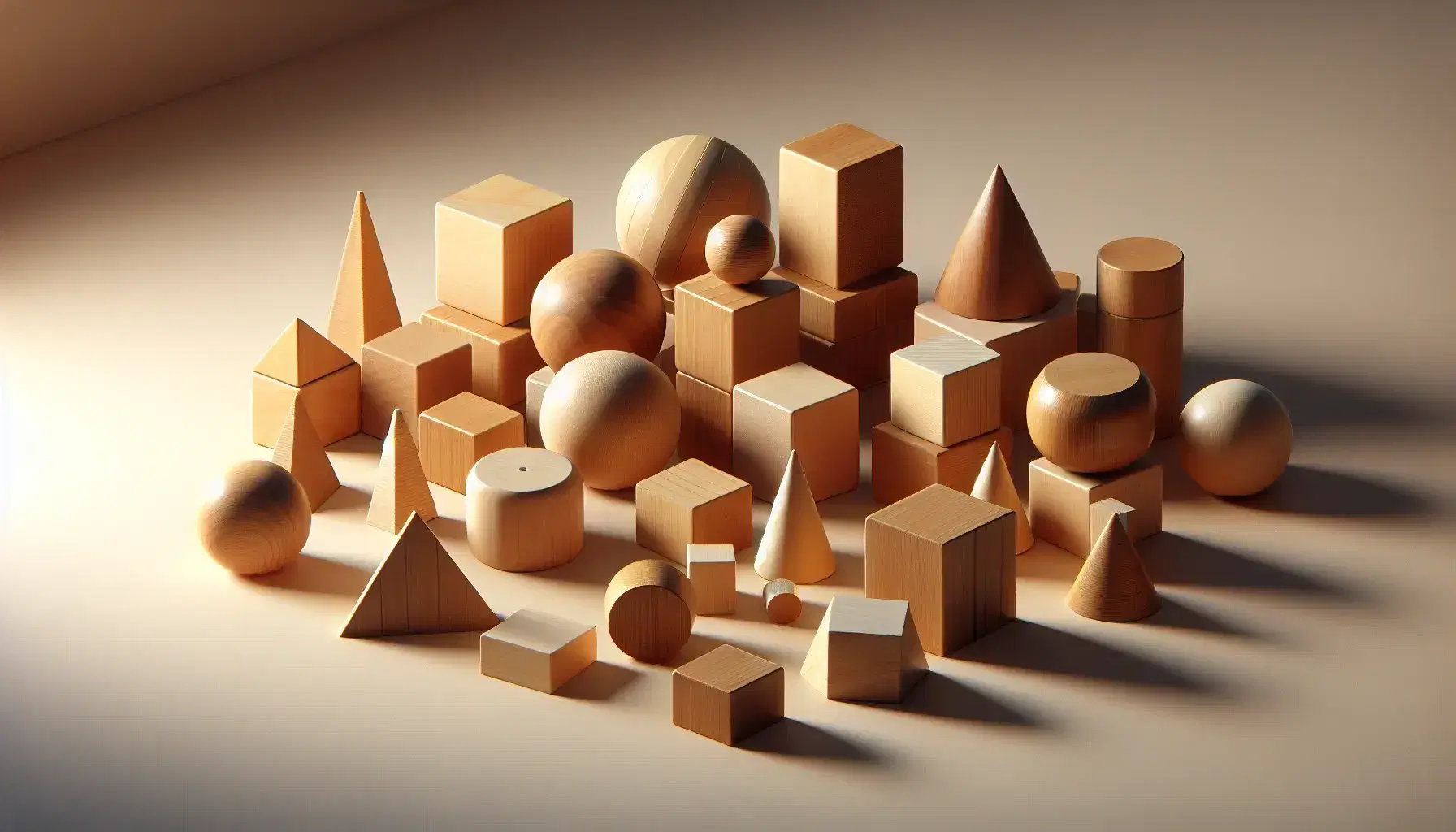 Bloques de madera en formas geométricas como cubos, esferas, conos, cilindros y pirámides sobre superficie lisa y clara, con sombras suaves que resaltan su tridimensionalidad.