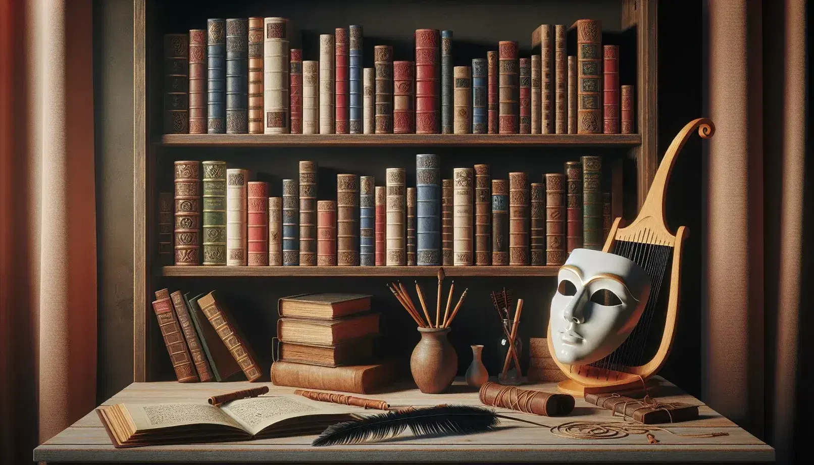 Estante de madera oscura con libros de colores variados, mesa con máscara teatral blanca, pluma negra, pergamino atado y lira de madera.