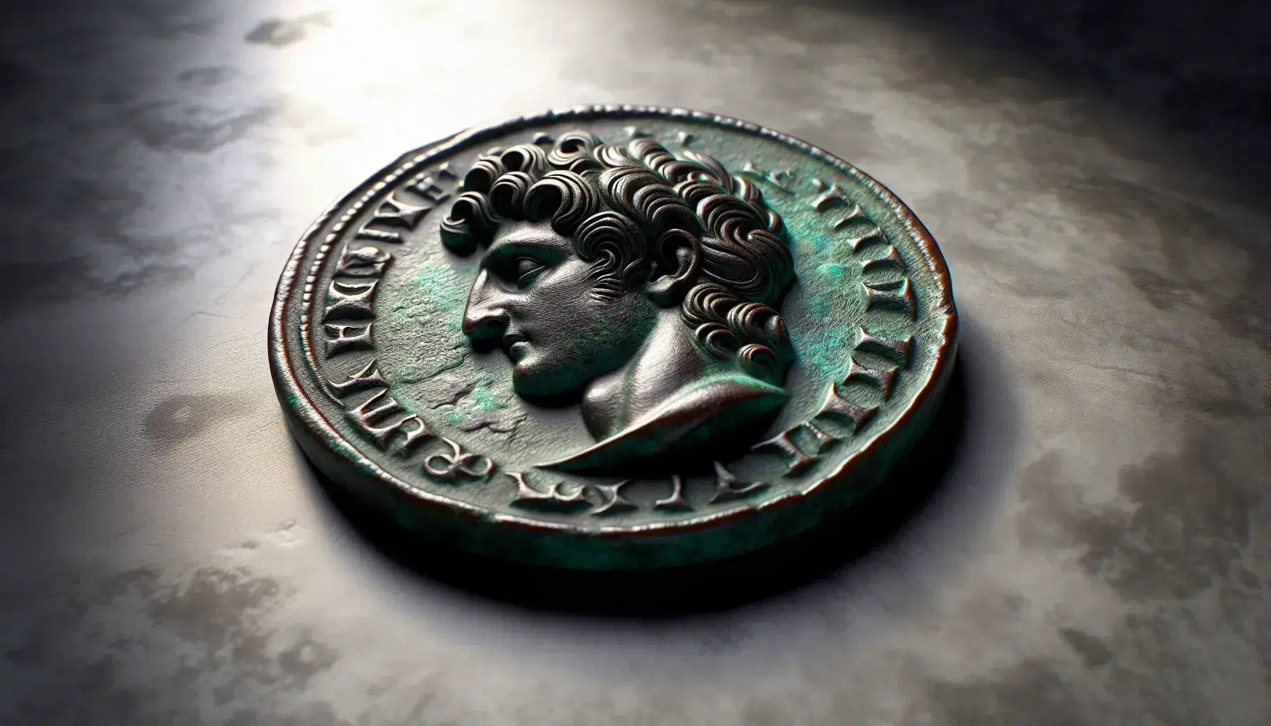 Moneta romana antica in bronzo con patina verde, raffigurante profilo maschile su sfondo pietra liscia, dettagli in rilievo senza iscrizioni.