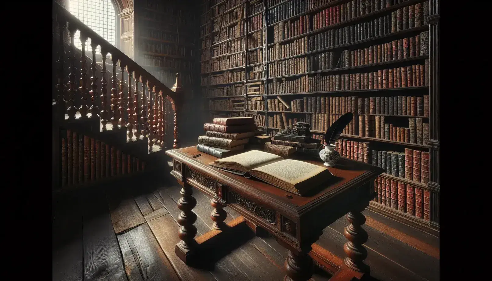 Biblioteca antigua con estantes de madera oscura llenos de libros variados, mesa con libro abierto, pluma y tintero, y escalera al fondo bajo luz suave.