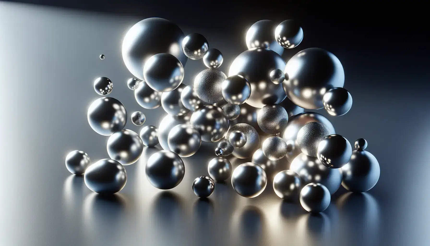 Sfere metalliche lucide di varie dimensioni sospese che creano un'illusione di levitazione su sfondo grigio scuro.
