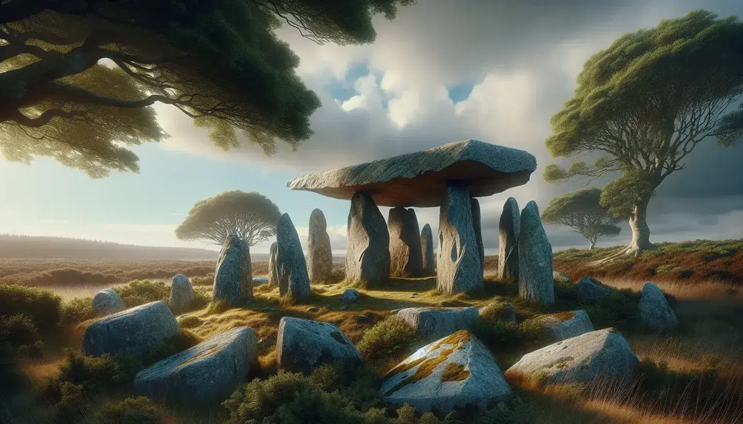 Paisaje natural con dolmen de piedra gris y menhirs en campo verde bajo cielo azul con nubes dispersas, iluminados por luz del amanecer o atardecer.