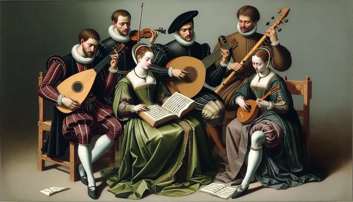 Gruppo di musicisti rinascimentali con lute, viola da gamba e flauto dolce in abiti d'epoca, donna canta da spartito in stanza d'arte.