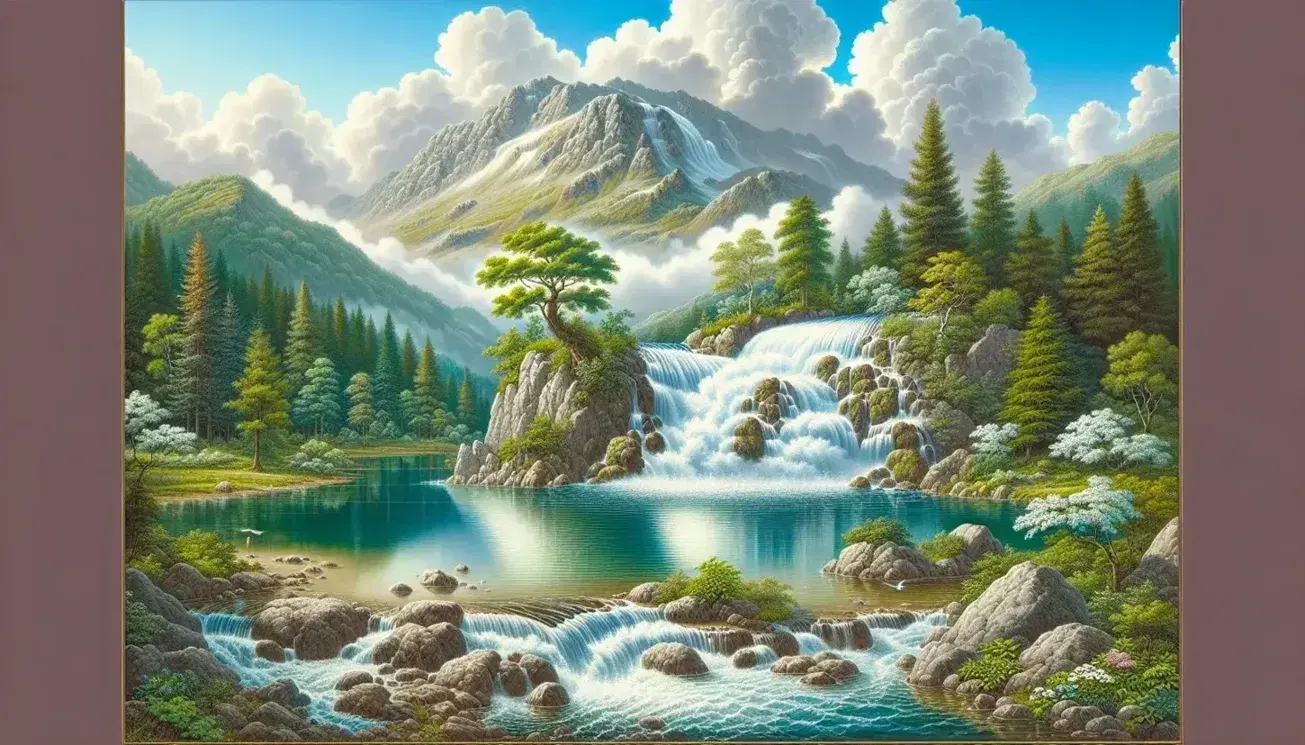 Serene landscape with lake, waterfall, mountain and fauna, reflects the water cycle among lush vegetation and blue sky.