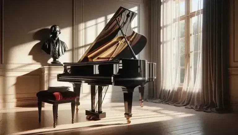 Pianoforte a coda nero lucido in stanza illuminata con pavimento in legno, spartiti su sgabello rosso e statuetta bronzo di compositore.