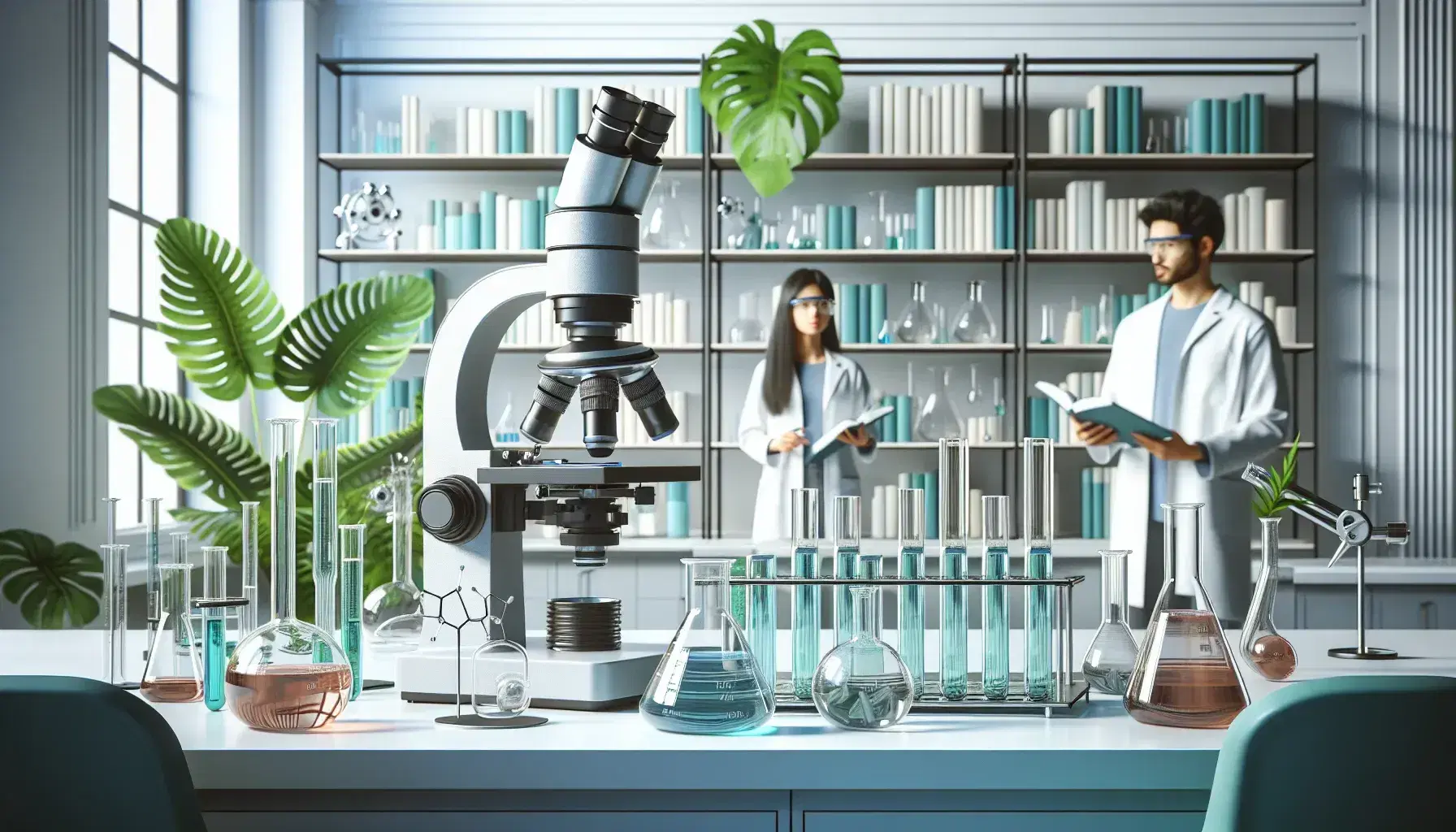 Modern laboratory with microscope, beakers with colored liquids, green plant, researchers in lab coats and scientific equipment.