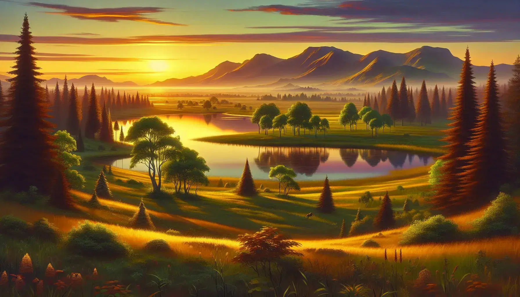 Paisaje natural al atardecer con campo de hierba verde, lago reflejante, árboles otoñales y montañas al fondo bajo un cielo de tonos cálidos.