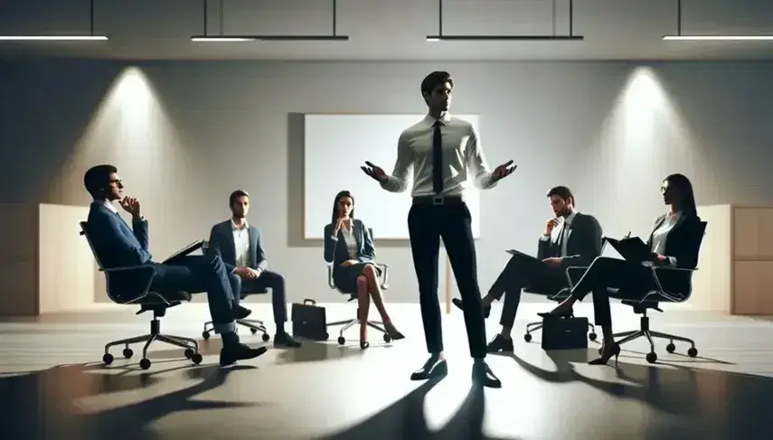 Grupo de cinco profesionales en reunión de oficina con una persona de pie liderando y cuatro sentadas participando activamente.
