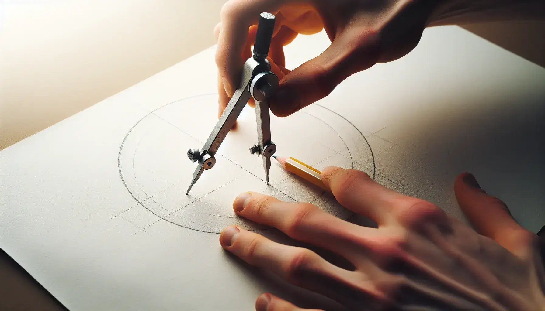 Hands using a compass to draw a near-complete circle on white paper, highlighting the precision of the metallic tool and the simplicity of the design process.