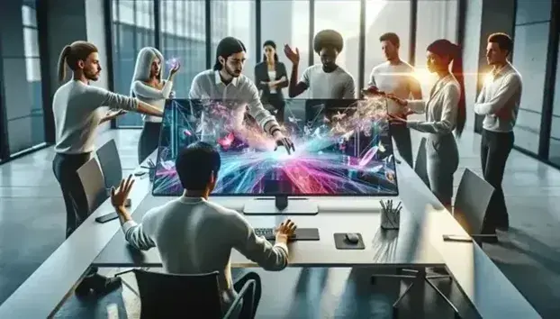 Modern office environment with different people using advanced technology, including monitor, interactive table and VR headset.