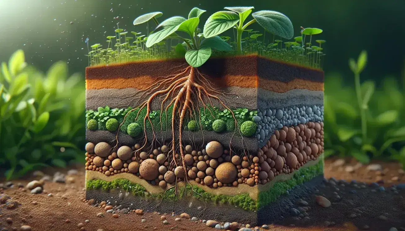 Close-up cross-section of fertile soil layers with a young plant, showcasing rich humus, subsoil textures, and a network of roots in a natural setting.