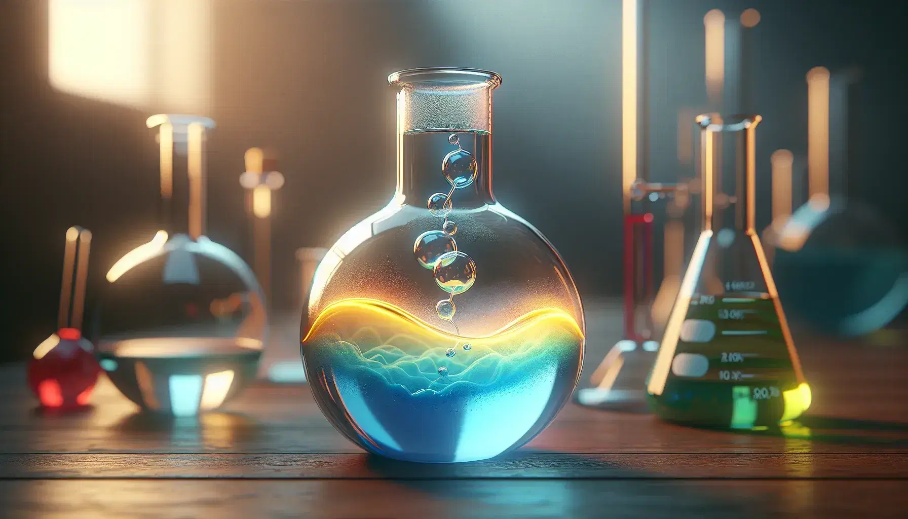 Chemical reaction in a glass flask with layered blue and yellow liquids on laboratory bench, surrounded by glassware with colored solutions.