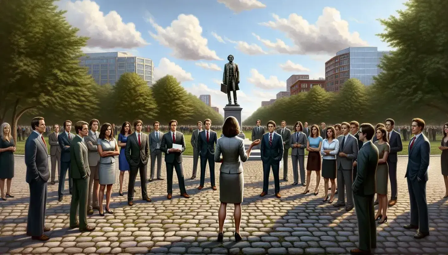 Grupo de profesionales atentos a una mujer explicando un tema en un parque urbano con bancos y una estatua de bronce.