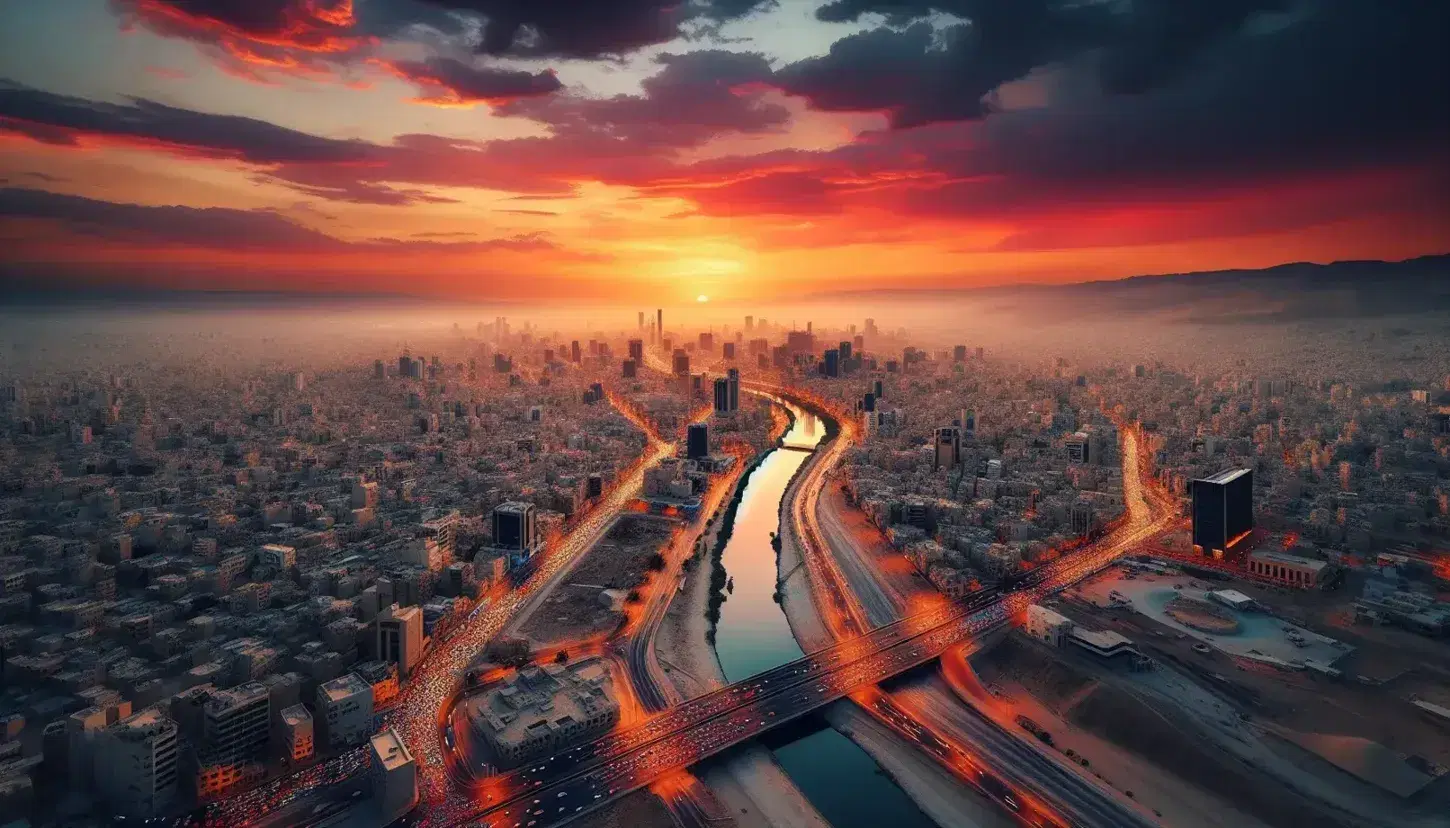 Veduta aerea di una città mediorientale al tramonto con grattacieli, fiume serpeggiante, strade trafficate e montagne sullo sfondo.