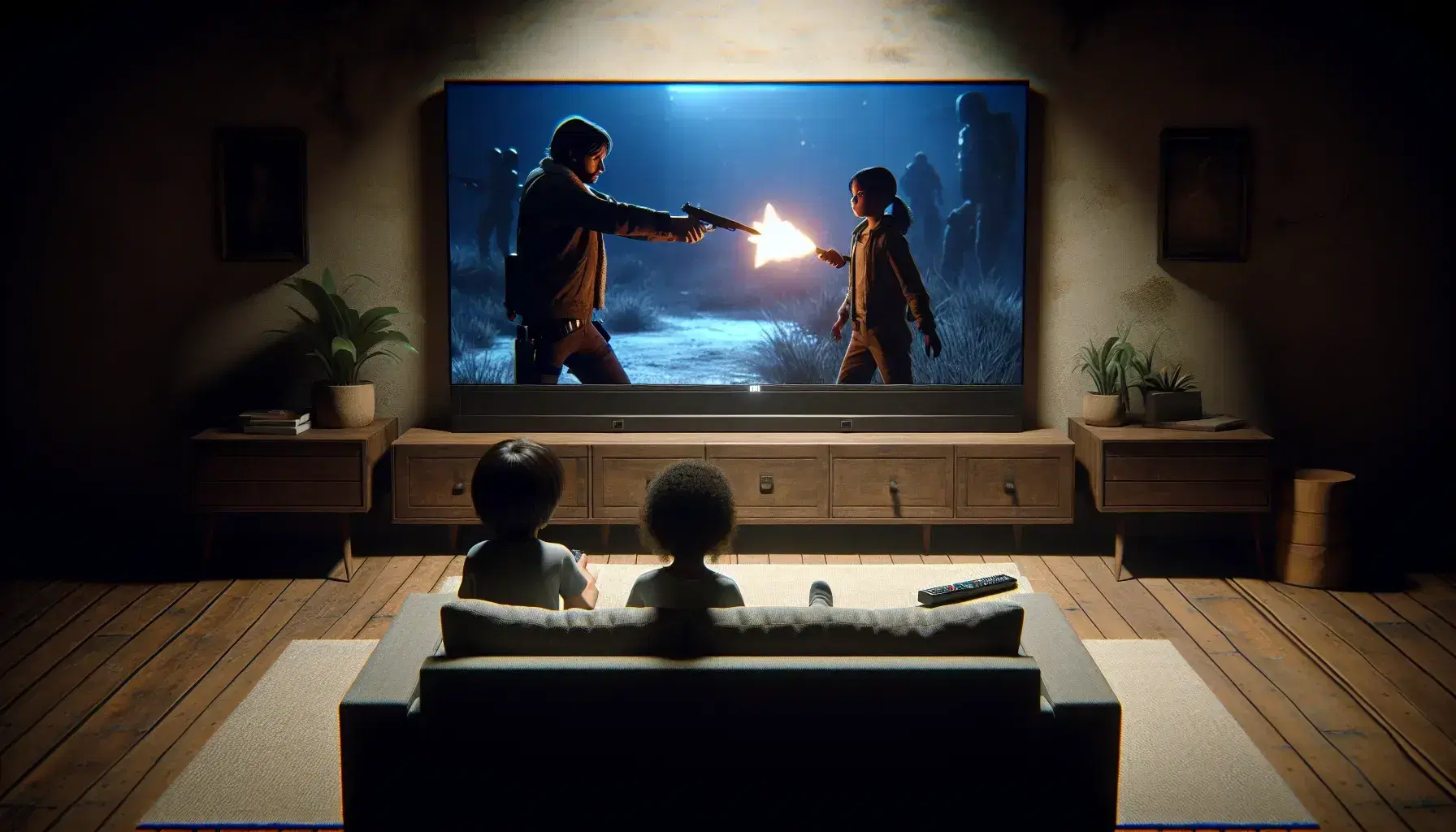 Two children, a Hispanic boy and a Middle Eastern girl, watch a paused action scene on a TV in a dimly lit living room.