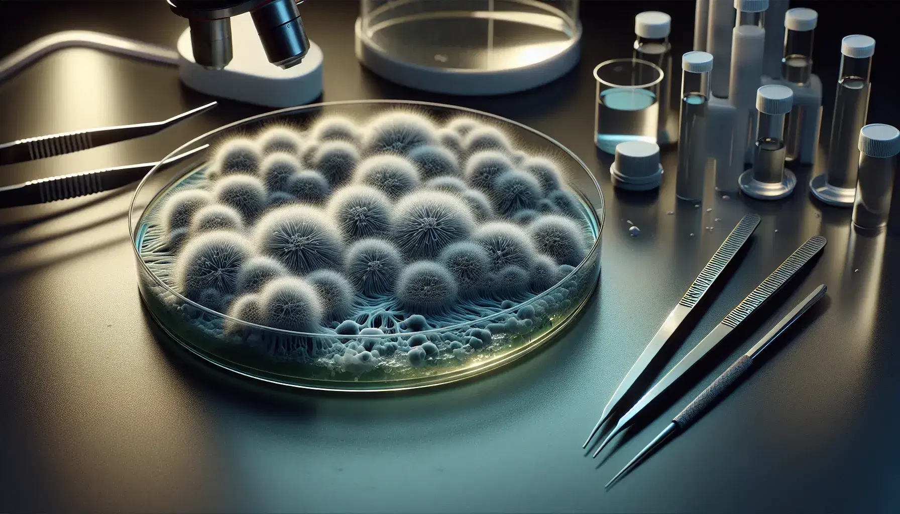 Close-up view of a petri dish with mold mycelium, tweezers, scalpel, and microscope slide on a lab bench, with a blurred technician in the background.
