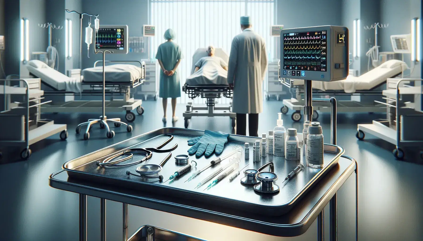 Mesa metálica con instrumentos médicos y doctor de espaldas atendiendo a paciente en camilla en clínica iluminada, con monitor de signos vitales al lado.