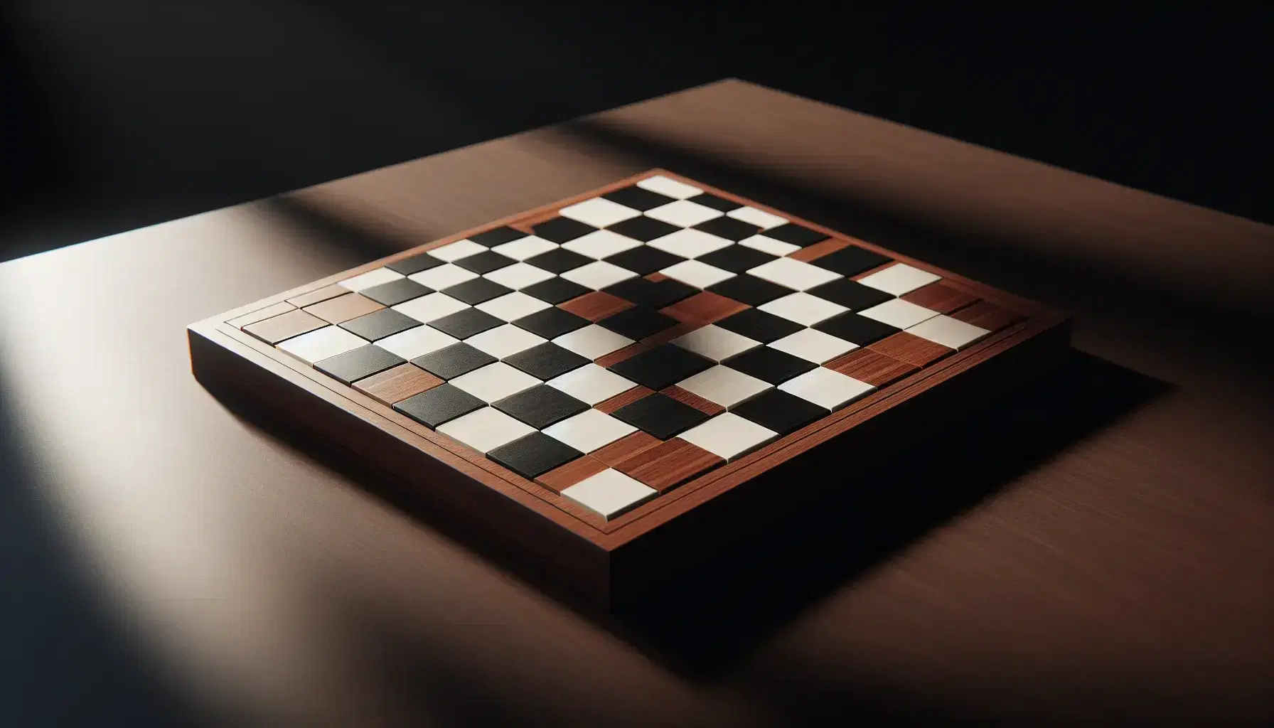 Scacchiera vuota con quadrati bianchi e neri su tavolo in legno scuro, illuminata creando ombre che enfatizzano la profondità.