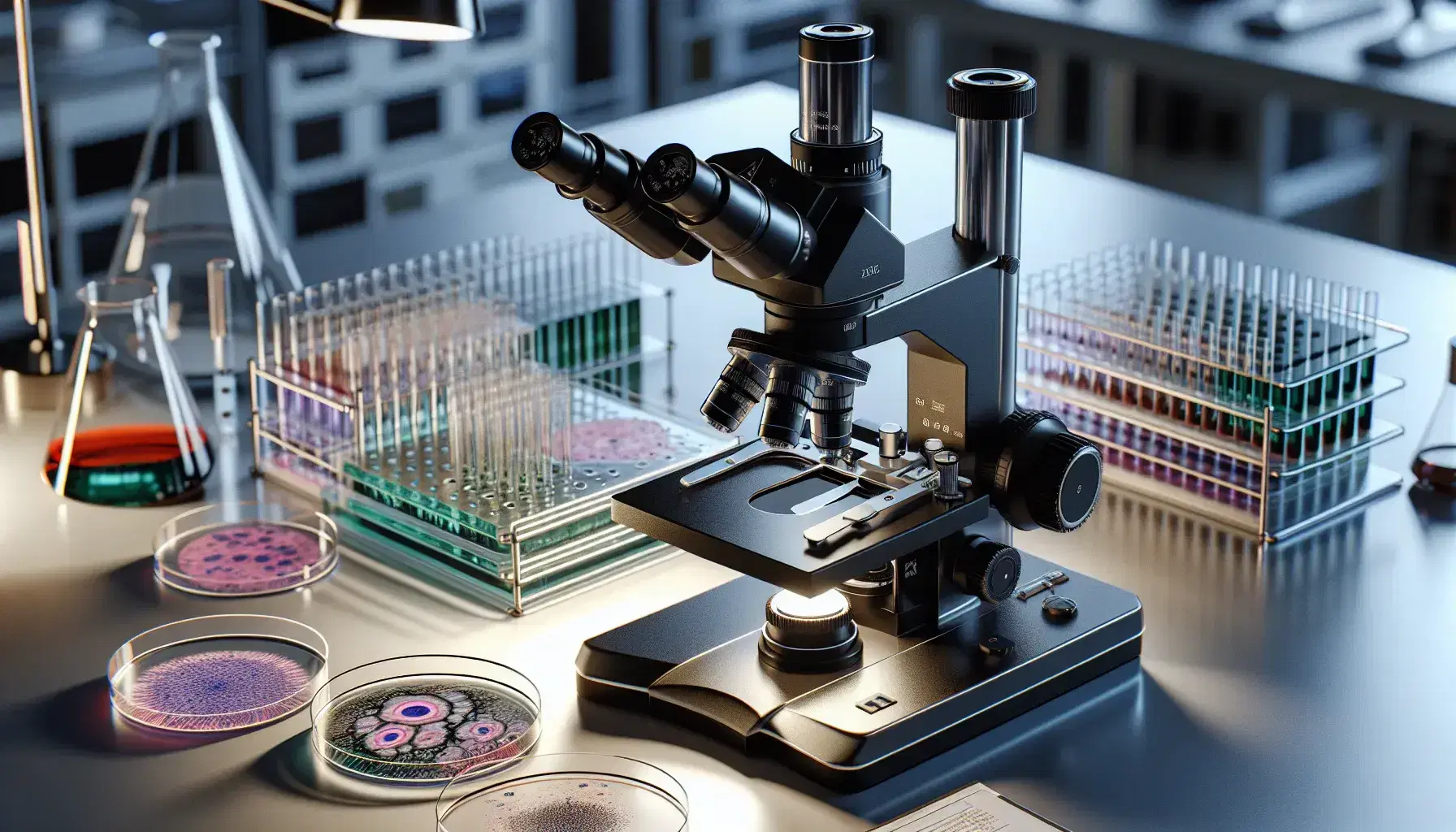 Microscopio ottico nero e argento su tavolo da laboratorio con lenti di ingrandimento, Petri con tessuto biologico e vetrini preparati.