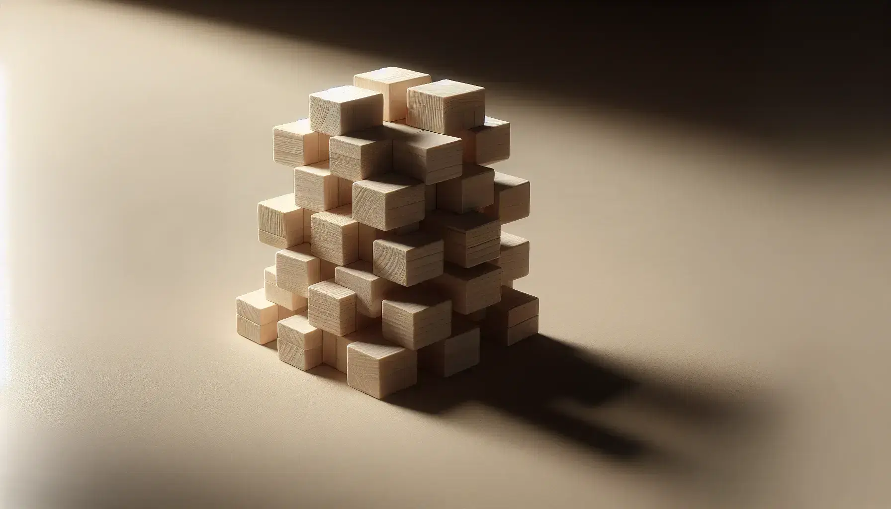 Torre de bloques de madera apilados en patrón cruzado sobre superficie lisa, con sombras suaves destacando su textura tridimensional.