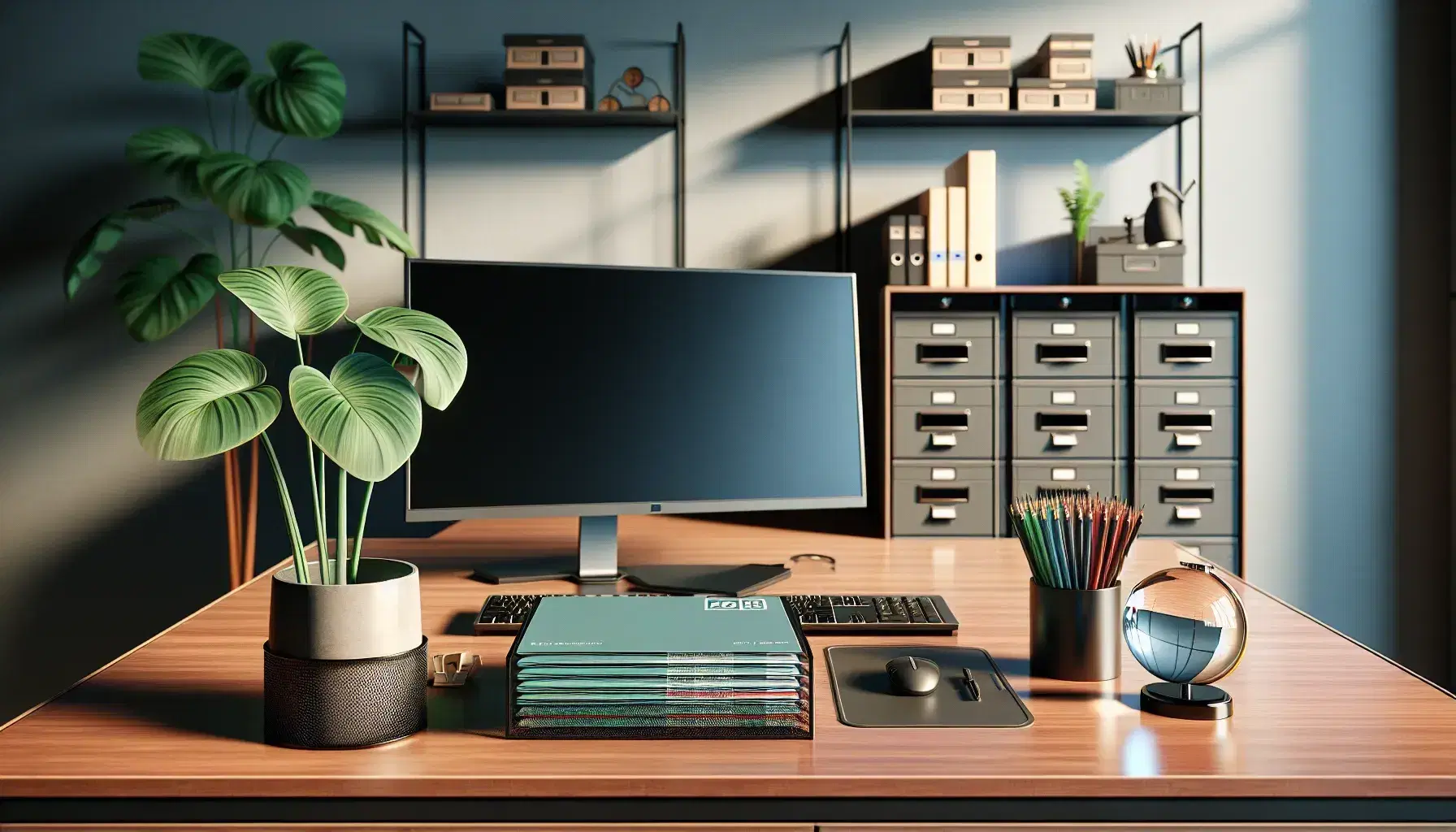 Organized office desk with computer, color-coded reports, pens in mesh organizer, glass paperweight, and potted plant against a blue wall and gray filing cabinet.