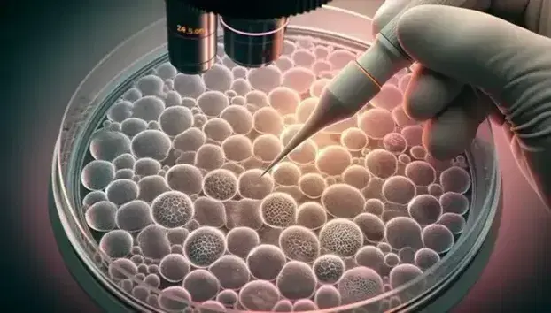 Microscope cell culture with interconnected cells and visible nuclei, hand in white glove holds pipette on soft pink background.